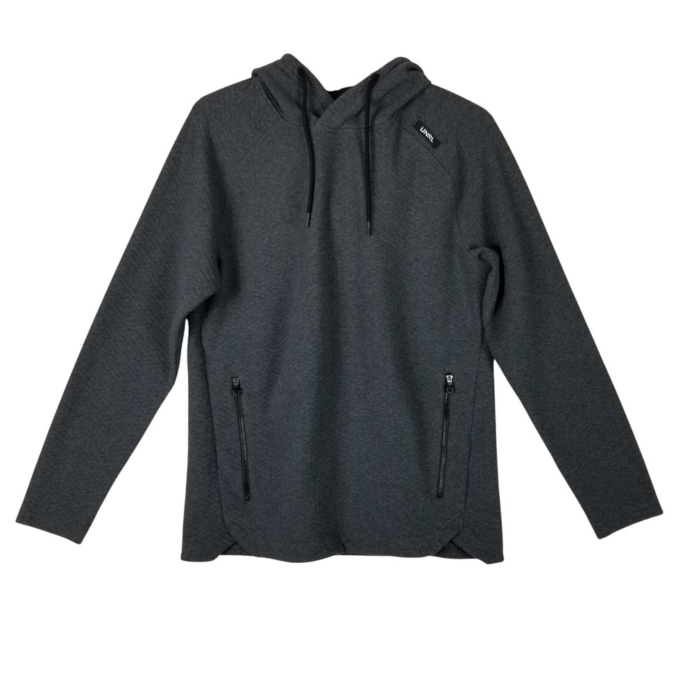 UNRL Crossover Hoodie Men Small Charcoal Gray Textured Zippered Pockets Pullover